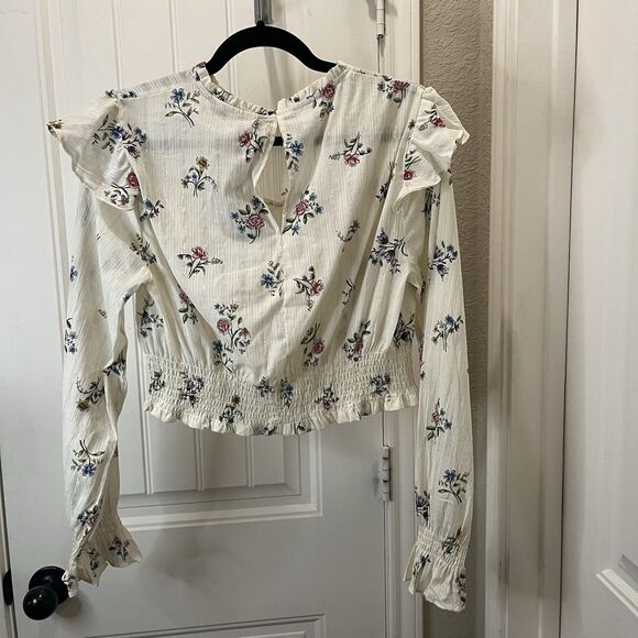 Zara Floral Cream Metallic Striped Long Sleeve Ruffle Crop Smocked Top Juniors L - Picture 9 of 11